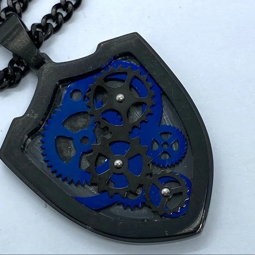 Stainless Steel Shield Gears Black & Blue Men's Necklace